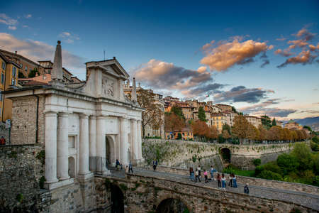 Porta San Giacomo entrance to the ancient city of Bergamoのeditorial素材