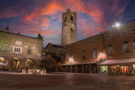 The old square in the center of the upper town of Bergamoのeditorial素材