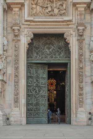 Milan Italy March 29 2021: Mobile platforms for maintenance and cleaning of the marble surfaces of the Milan Cathedralのeditorial素材