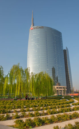 milan italy march 29 2021: UniCredit Tower, a skyscraper located in the business center of Milan. 231 meters high at the spire is the tallest skyscraper in Italyのeditorial素材