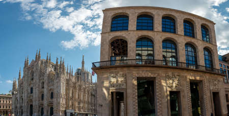 milan italy 3 may 2021: milan cathedral and the modern art museum "museo del novecento"のeditorial素材