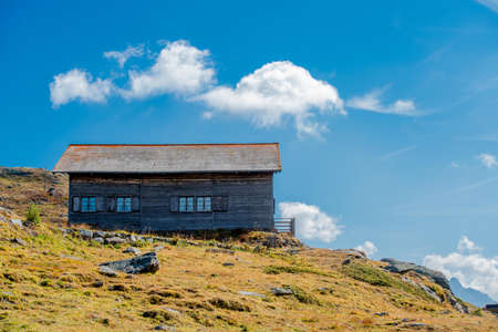 Bernina Switzerland 27 September 2021: old wooden cottage at Bernina Passの写真素材