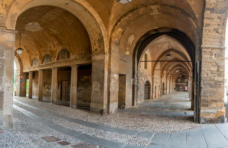 Bergamo Italy 11 June 2021: Alleys with closed shops in the old part of Bergamoの写真素材