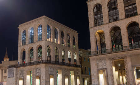Milan Italy 5 November 2021:nocturnal exterior of the twentieth century museum where contemporary art is exhibitedのeditorial素材