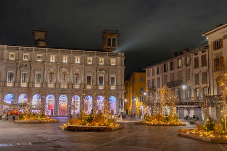Bergamo's old square illuminated for Christmasの写真素材