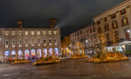 Bergamo's old square illuminated for Christmasの写真素材