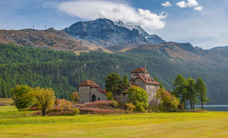 Silvaplana Switzerland 27 September 2021: Crap da Sass Castle on Lake Silvaplanaのeditorial素材