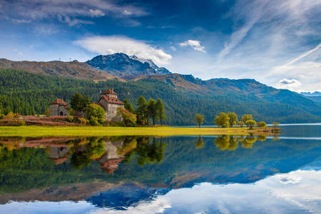 Silvaplana Switzerland 27 September 2021: Crap da Sass Castle on Lake Silvaplanaのeditorial素材