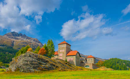 Silvaplana Switzerland 27 September 2021: Crap da Sass Castle on Lake Silvaplanaのeditorial素材