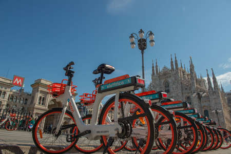 Milan Italy April 13 2021: Bicycles to be shared in the main square of Milanのeditorial素材