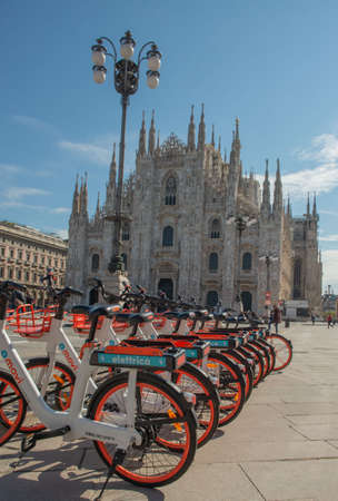 Milan Italy April 13 2021: Bicycles to be shared in the main square of Milanのeditorial素材