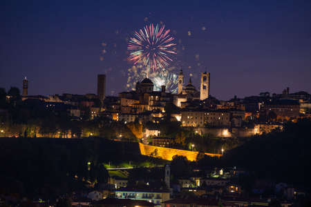 Fireworks for the sant Allessandro anniversary in Bergamoの写真素材
