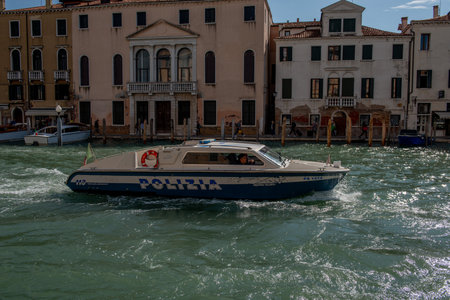Venice Italy September 27 2022: Police patrol boat for the control of Veniceの写真素材