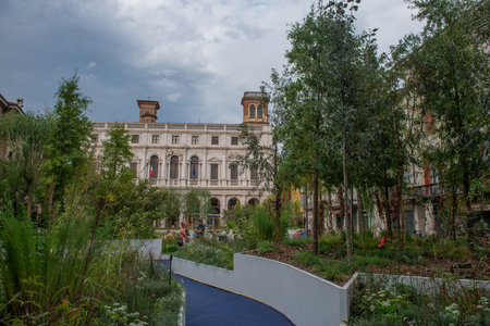 Bergamo Italy September 14 2022: Garden in the old square of upper Bergamo for the festival the masters of the landscapeの写真素材