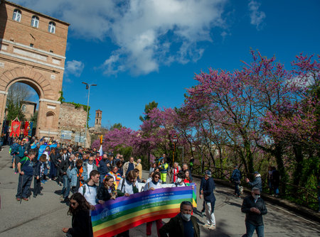 Assisi Italy April 24 2022: March for peace against all war that starts from Perugia and arrives in Assisiのeditorial素材