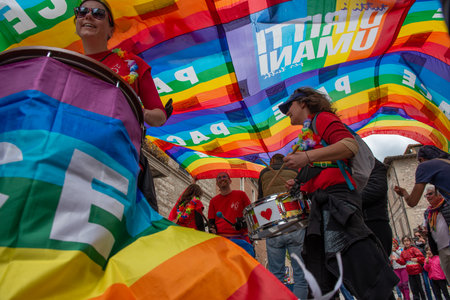 Assisi Italy April 24 2022: March for peace against all war that starts from Perugia and arrives in Assisiのeditorial素材