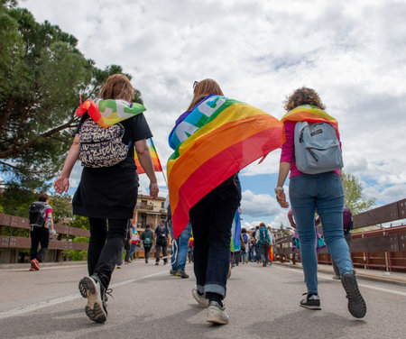 Assisi Italy April 24 2022: March for peace against all war that starts from Perugia and arrives in Assisiのeditorial素材
