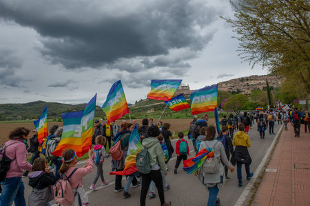 Assisi Italy April 24 2022: March for peace against all war that starts from Perugia and arrives in Assisiのeditorial素材
