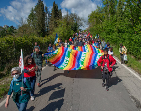 Assisi Italy April 24 2022: March for peace against all war that starts from Perugia and arrives in Assisiのeditorial素材