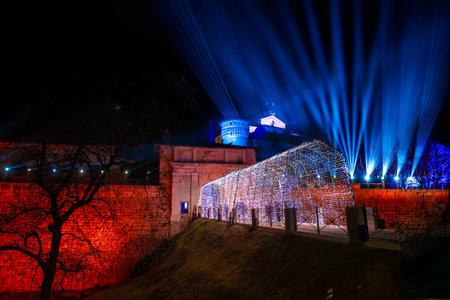 Brescia Italy February 12 2023: Illumination of the castle of Brescia to celebrate the capital of culture 2023のeditorial素材