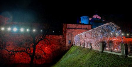 Brescia Italy February 12 2023: Illumination of the castle of Brescia to celebrate the capital of culture 2023のeditorial素材