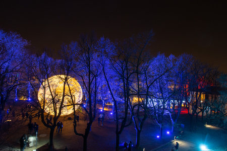 Brescia Italy February 12 2023: Illumination of the castle of Brescia to celebrate the capital of culture 2023のeditorial素材