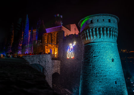 Brescia Italy February 12 2023: Illumination of the castle of Brescia to celebrate the capital of culture 2023のeditorial素材