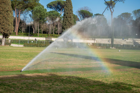 Garden irrigation system in operationの写真素材