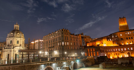 Rome Italy 13 March 2023 :Fori Imperiali illuminated archaeological site of ancient Romeの写真素材