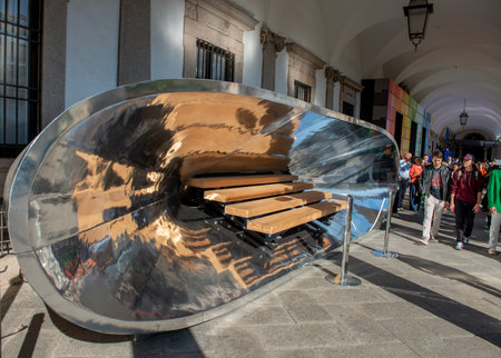Milan Italy April 19th 2023:Visitors at the State University of Milan viewing art installations for the Fuori Saloneのeditorial素材