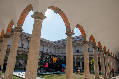 Milan Italy April 19th 2023:Visitors at the State University of Milan viewing art installations for the Fuori Saloneのeditorial素材