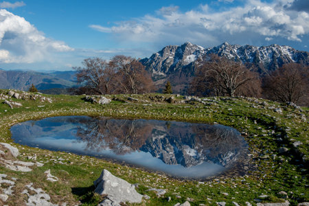 Pond where the snow-capped mountains are reflectedの写真素材