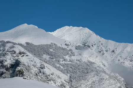 Dolomites mountains in winter with snowの写真素材