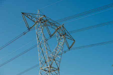 Electricity pylon for high voltage in open countrysideの写真素材