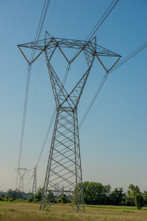 Electricity pylon for high voltage in open countrysideの写真素材