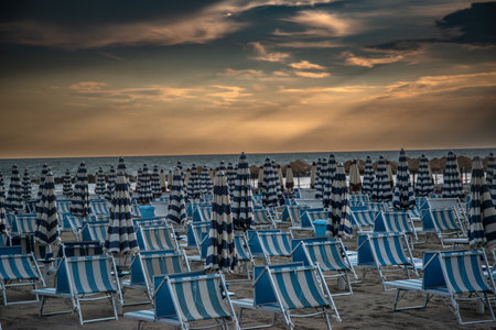 Deserted beach in Emilia Romagna at sunsetの写真素材