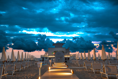 Deserted beach in Emilia Romagna at sunsetの写真素材