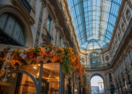 Milan Italy 6 December 2023: Christmas decorations in the Corso gallery in the center of Milanの写真素材