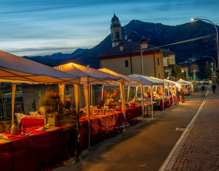 Cornalba Italy 10 December 2023: Traditional stalls selling typical local productsの写真素材