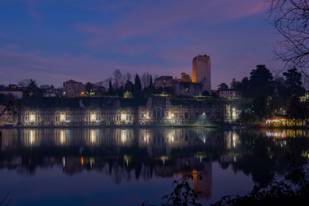 Trezzo sull'Adda hydroelectric power plant illuminated at nightの写真素材