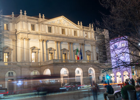 Milan Italy 20 December 2024: Exterior of the Teatro alla Scala in Milan illuminated at nightの写真素材