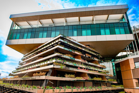 Bergamo Italy 10 February 2025: Triangular architectural structure with garden terraces that supports the terrace with restaurantの写真素材