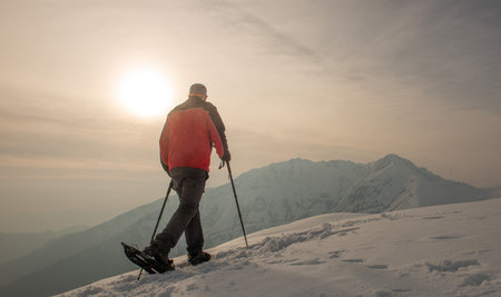 Mountain hiker walking with snowshoes after snowfallの写真素材
