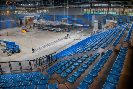 Bergamo Italy 3 February 2025: The Chorus Life arena. Workers assembling the stage for a musical showの写真素材