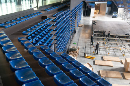 Bergamo Italy 3 February 2025: The Chorus Life arena. Workers assembling the stage for a musical showの写真素材
