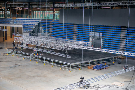 Bergamo Italy 3 February 2025: Workers assembling the stage for a musical showの写真素材