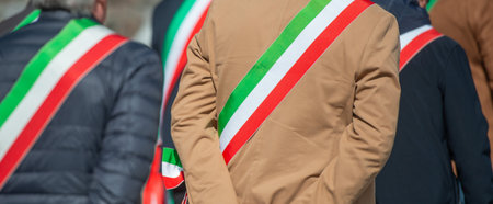 Dossena Italy 11April2025: Mayors with the tricolor sash to commemorate the Liberation of Nazi-fascism in Italyの写真素材