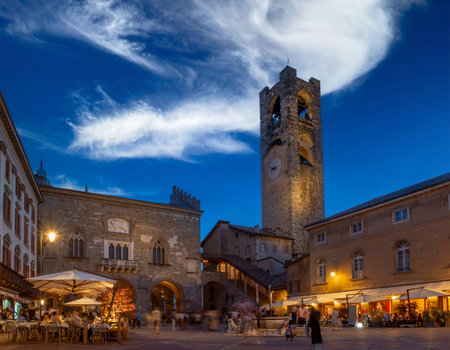 Square in the old part of Bergamo at nightの写真素材