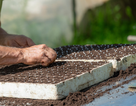 Farmer while doing germination, the fundamental process through which plants develop.の写真素材