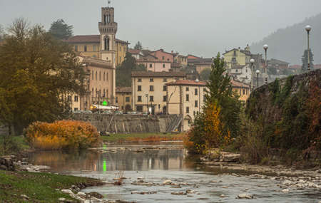 The small town of Santa Sofia situated in the valley of the Apennine Mountains. The river visible...